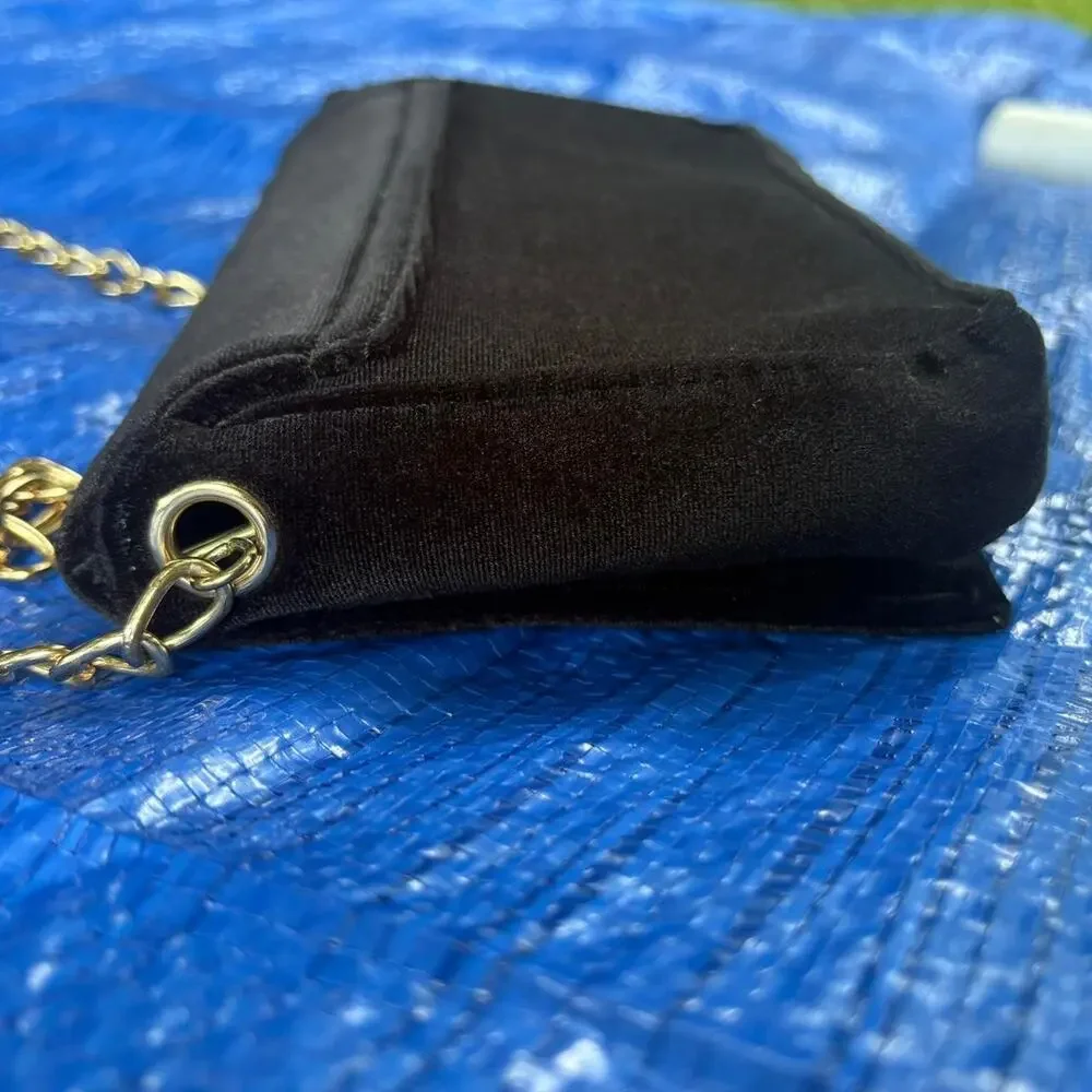 Velvet Black Gold Bee Embroidered Bag with Gold Chain Boohoo